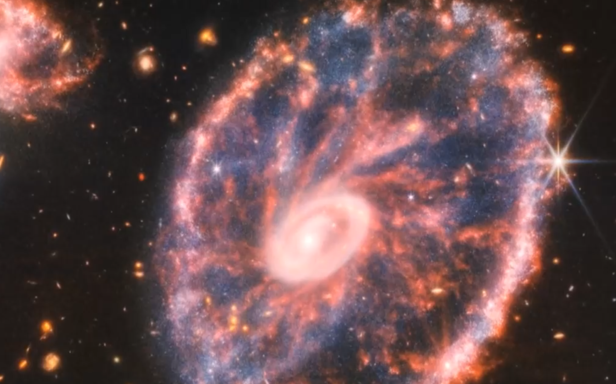 韦伯望远镜公布4亿年前碰撞产生的车轮星系图像